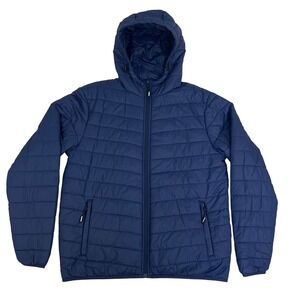 Outdoor Ventures Mens Navy Blue Packable Hooded Puffer Jacket Large Quilted EUC